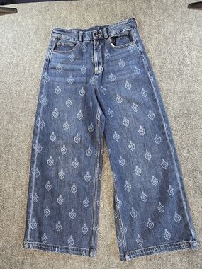 Dear John Blue Wide Leg Jeans Womens 28 High Rise Cropped Boho Print Denim